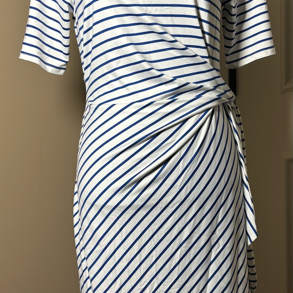 Lands’ End Elbow Sleeve Tie Waist Sheath Dress White & Navy Blue Nautical Sz S - Picture 12 of 16